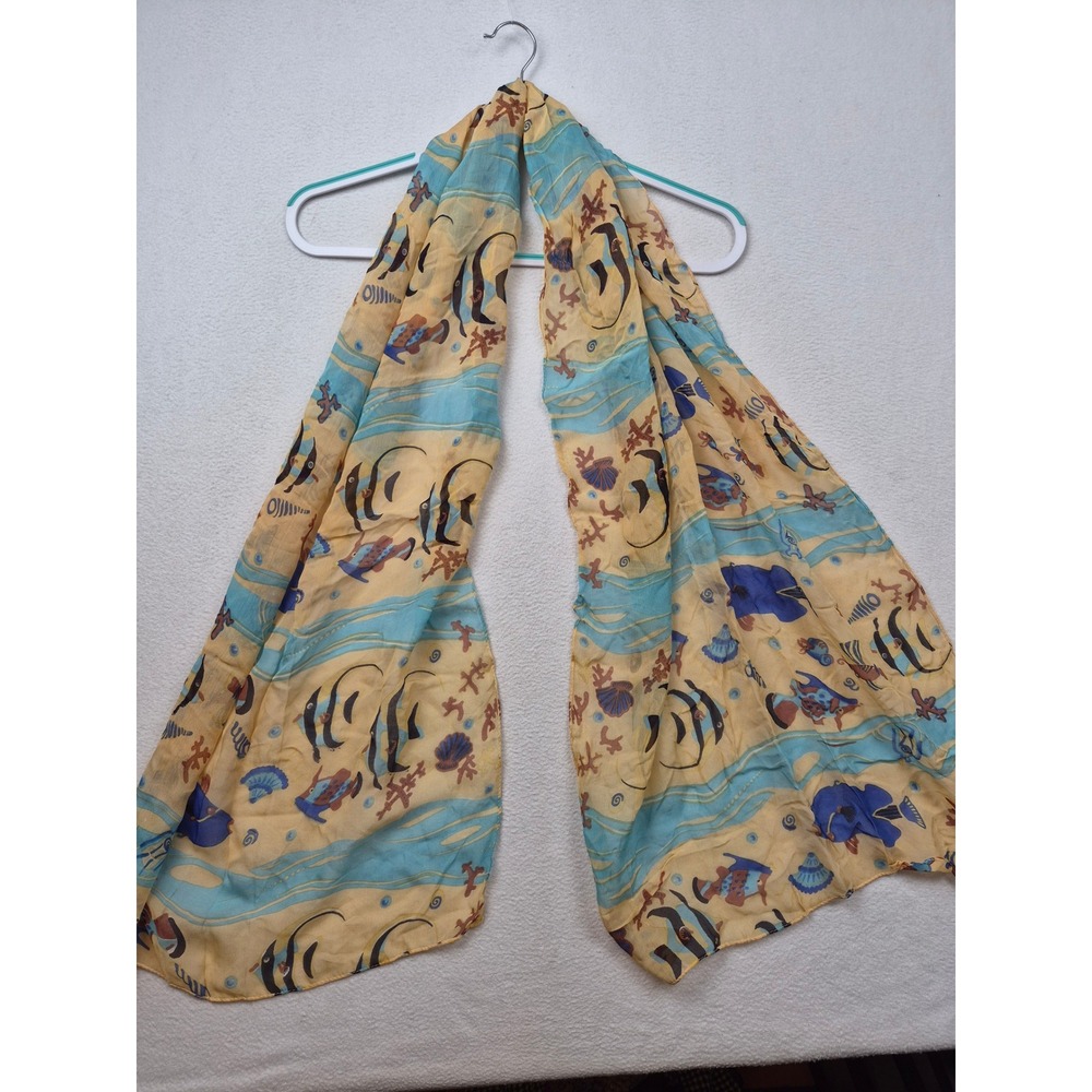 Womens Nautical Ocean Starfish Print Rayon Scarf Blue Tan Lightweight Accessory